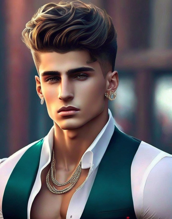 Fashionable man with voluminous hair, earring, and necklaces in green vest.