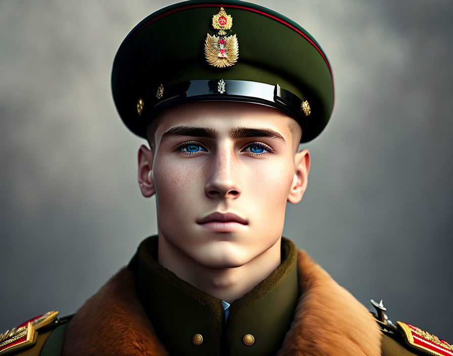 Detailed digital portrait of young male in military uniform with fur collar and cap on grey background