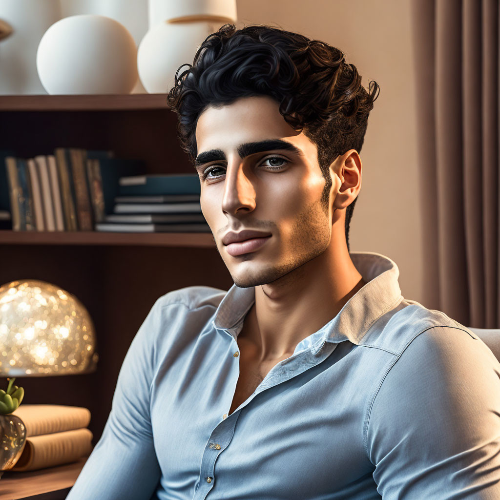 Man with Dark Curly Hair in Blue Shirt in Warmly Lit Room