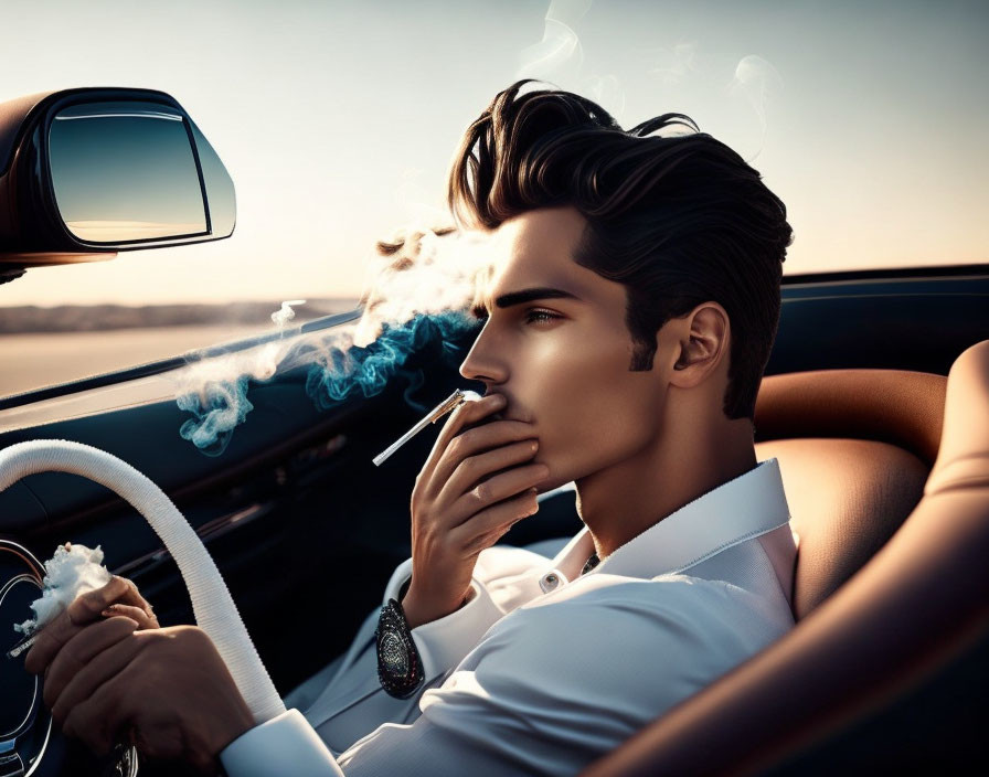 Fashionable man with slick hairstyle smoking in convertible car, white shirt and watch, side mirror view