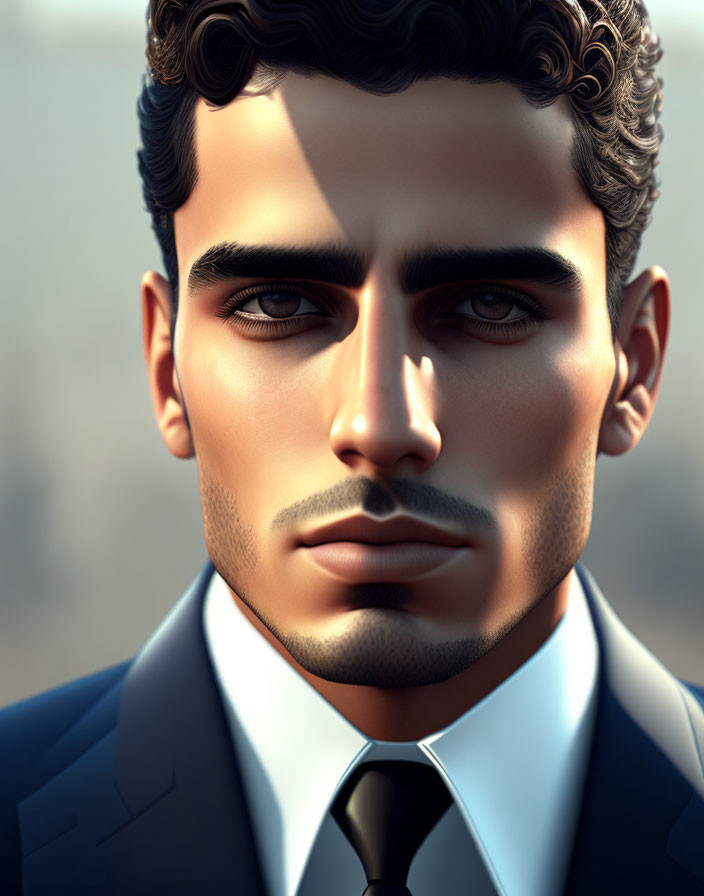 Detailed digital portrait of a man with dark curly hair in a suit and tie