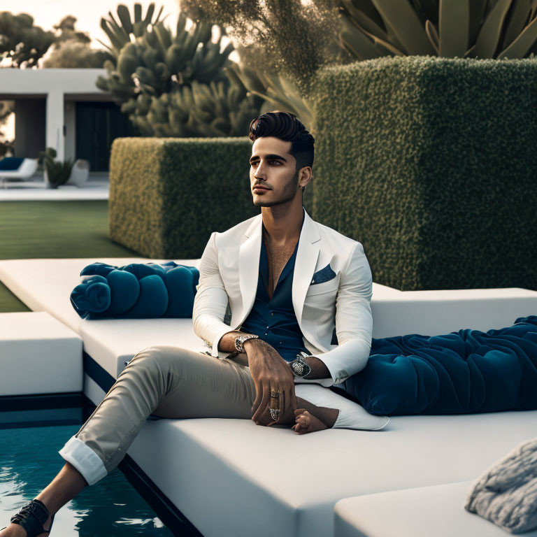 Fashionable man in white blazer and beige pants lounging by pool with greenery view