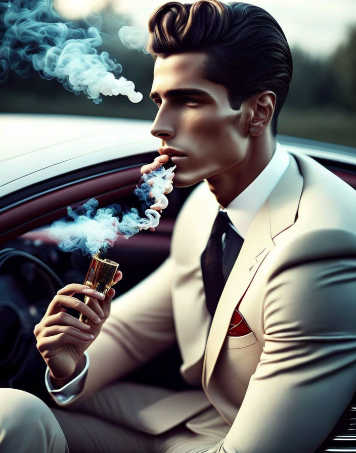 Fashionable man in white suit smoking in luxury car