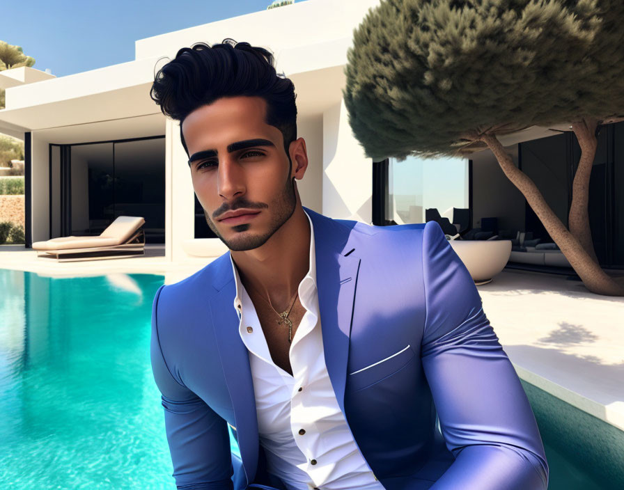 Man in Blue Suit by Pool with White Villa Background