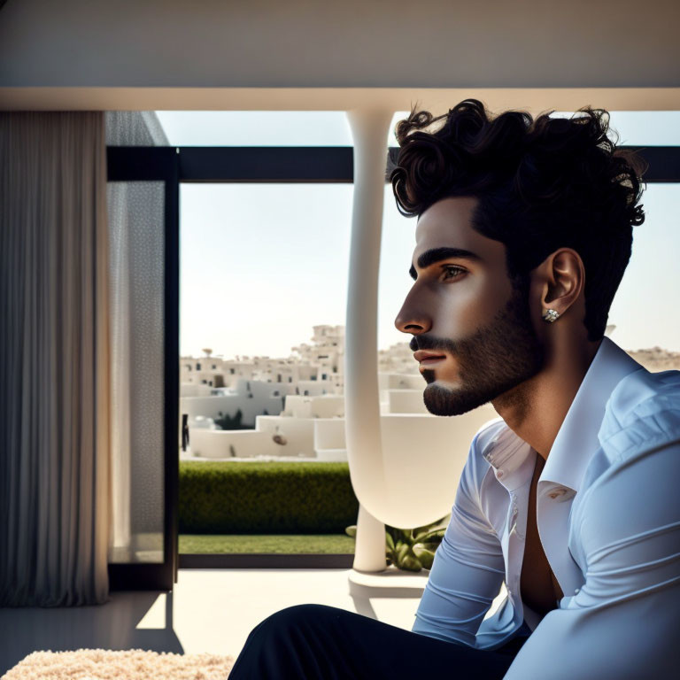 Digital Stylized Image: Man with Dark Hair and Beard by Large Window