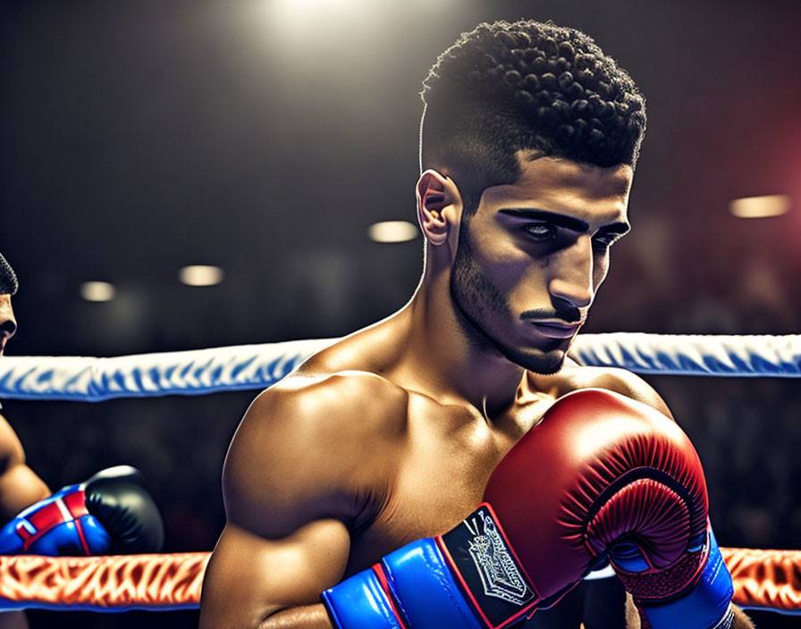 Male Boxer in Red Gloves with Dramatic Lighting