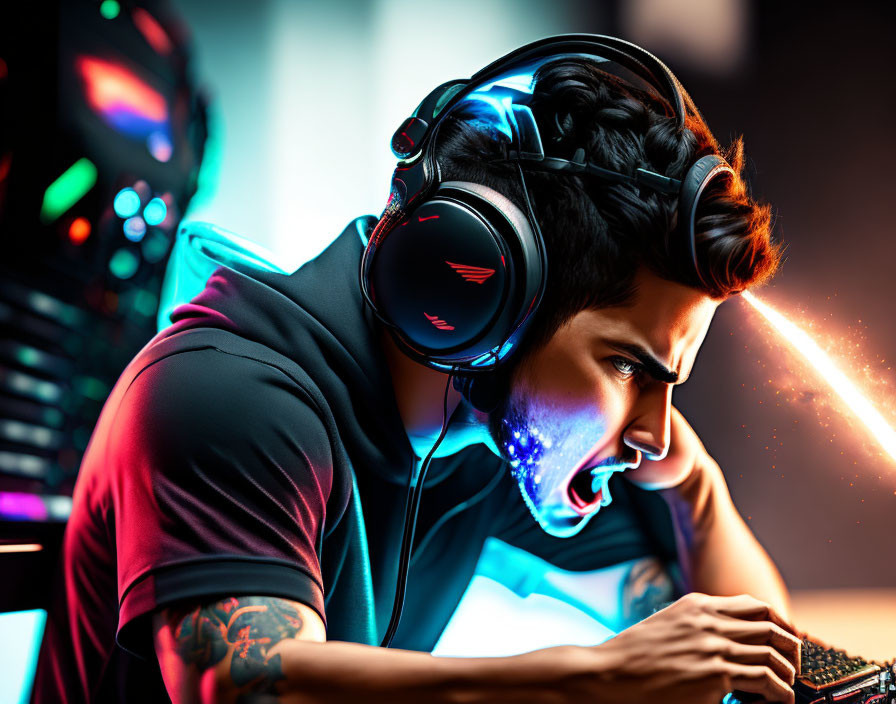 Intensely focused man in gaming headset with dynamic lighting on computer screen