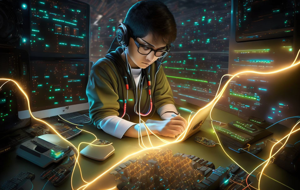 Person in headphones surrounded by digital data streams working on illuminated keyboard