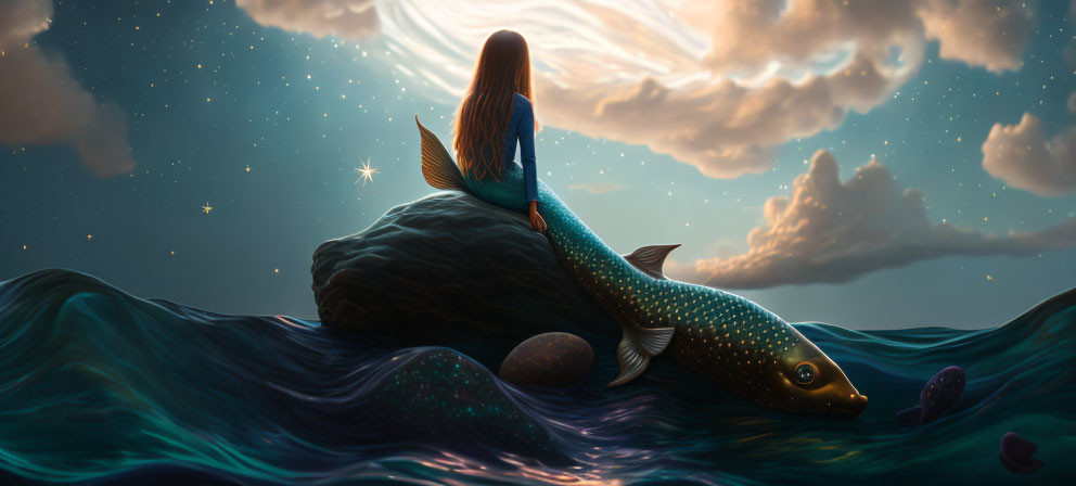 Mermaid on Fish Under Starlit Sky with Clouds