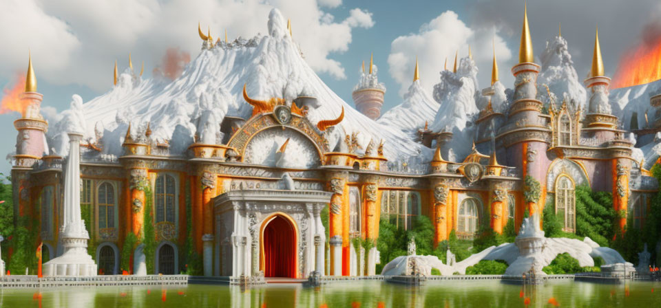 Fantastical Palace with Fiery and Icy Elements and Reflecting Pool