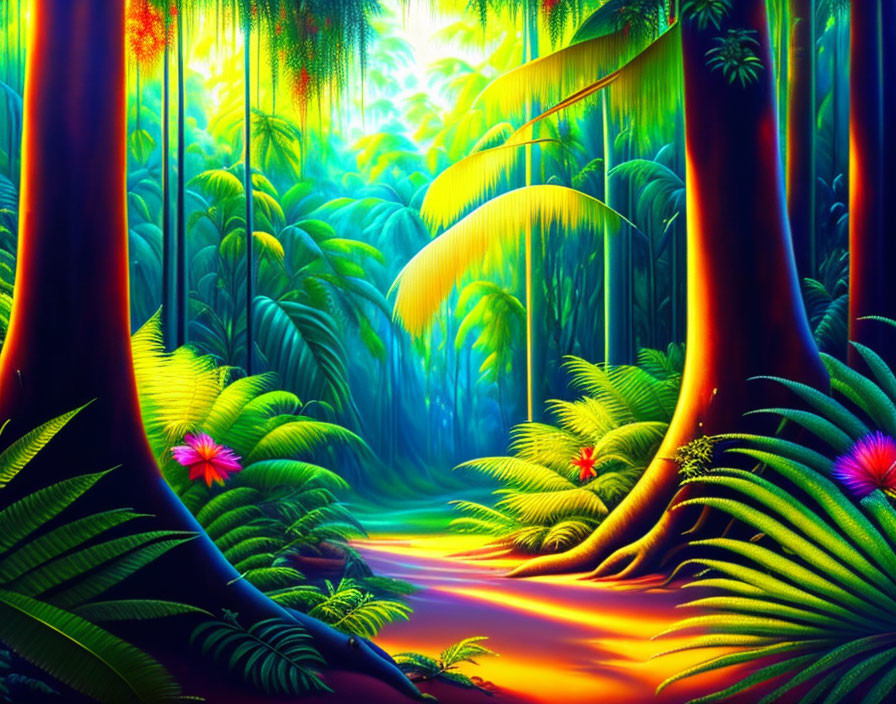 Colorful Jungle Illustration with Towering Trees and Pink Flowers