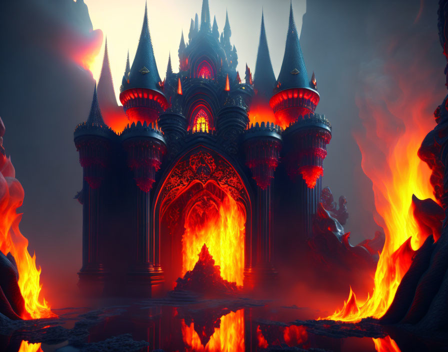 Black castle with spires in lava under dark sky