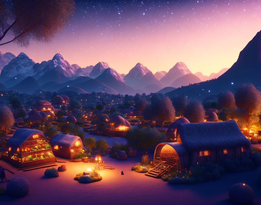 Snow-covered village under starlit night with glowing windows