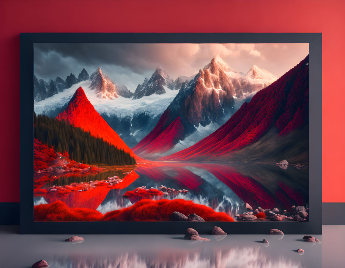 Digital art landscape with red foliage, reflective river, snowy mountains on widescreen monitor