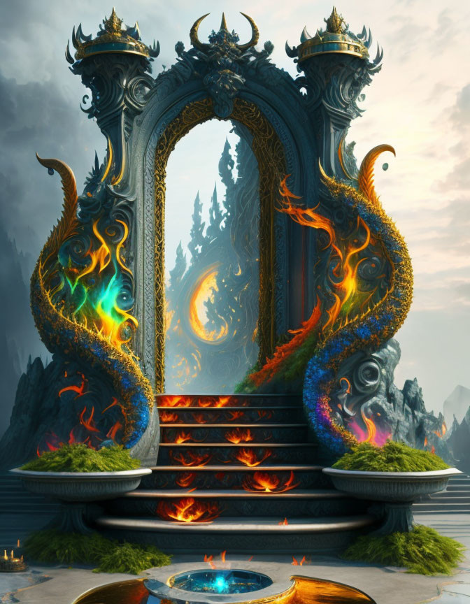 Ornate magical portal with fiery dragon motifs and vibrant glowing accents