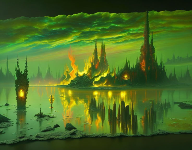 Vivid green landscape with fiery spires and reflective water