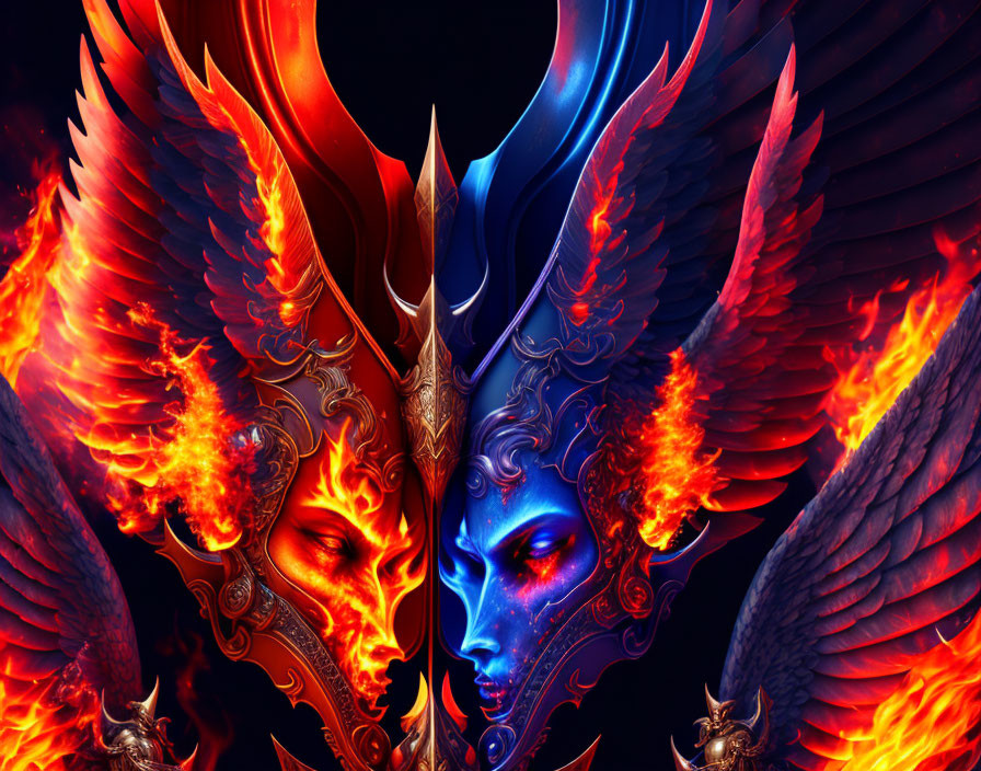 Fantastical fire and ice themed stylized faces with vibrant flames and cool blue hues.