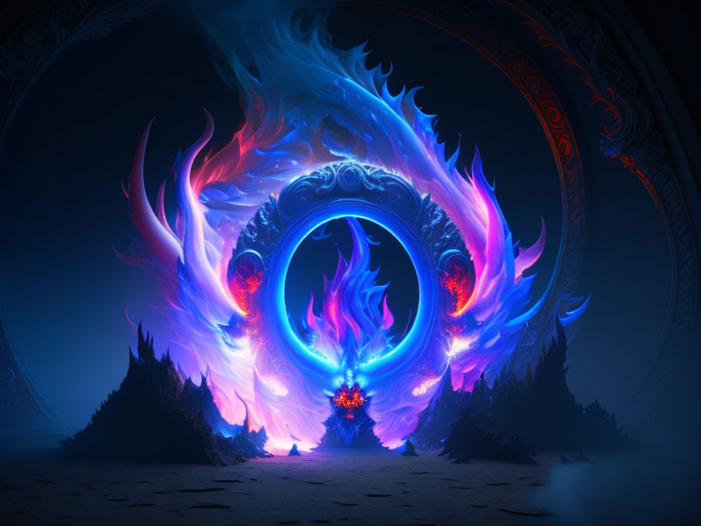 Mystical fiery portal with blue and orange flames above rocky terrain