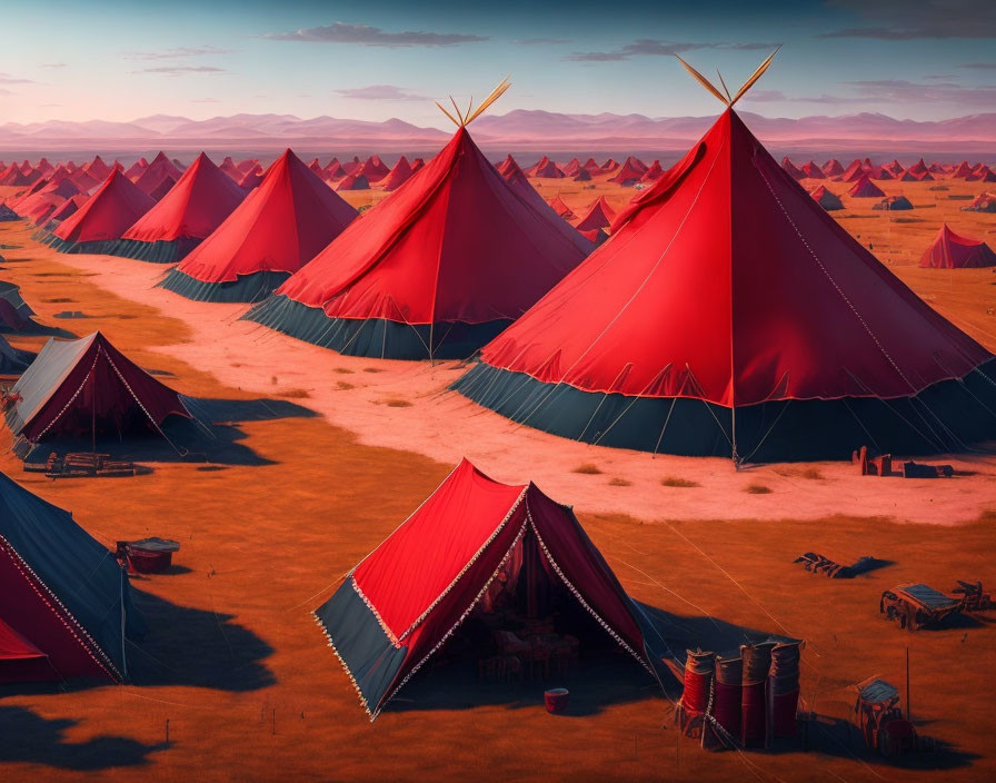 Vibrant desert camp with large red tents against distant dunes under warm sky