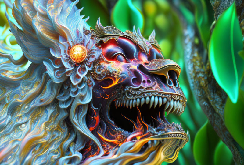 Mythological beast with gold and blue details in fiery aura