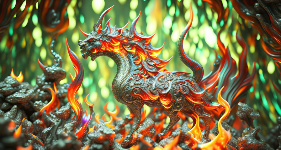 Metallic Dragon Sculpture with Orange and Red Flames on Green Fiery Background