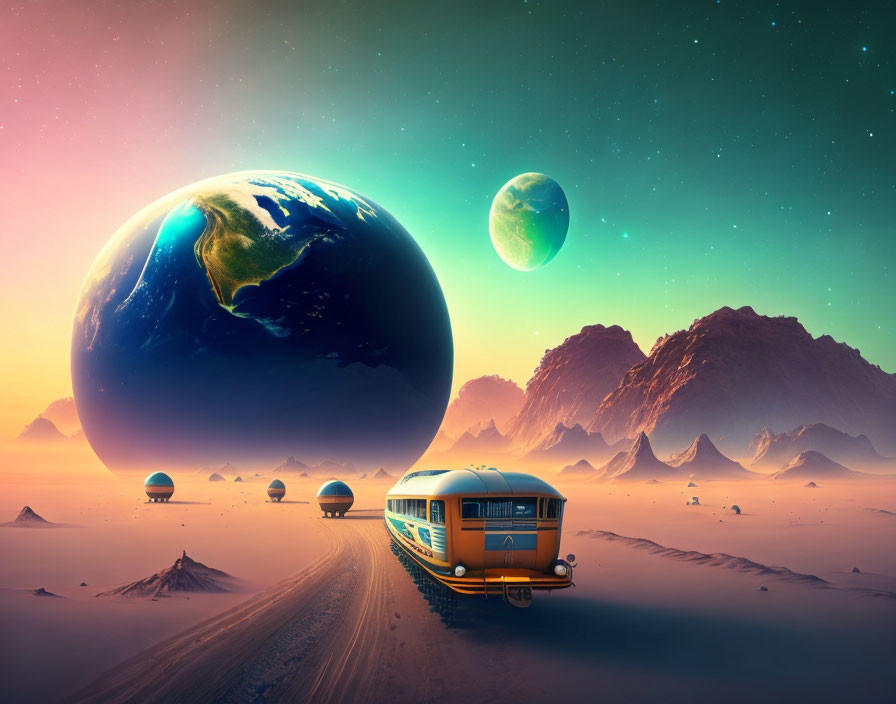 Vintage bus travels on alien planet with Earth-like celestial bodies in sky