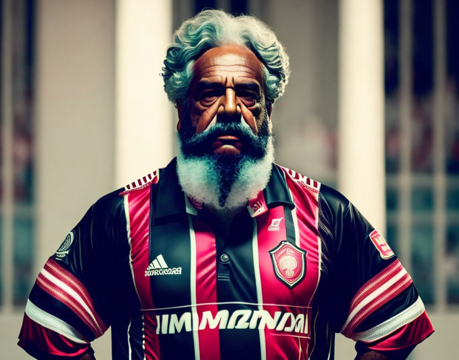Elderly man with white beard in sports jersey poses confidently