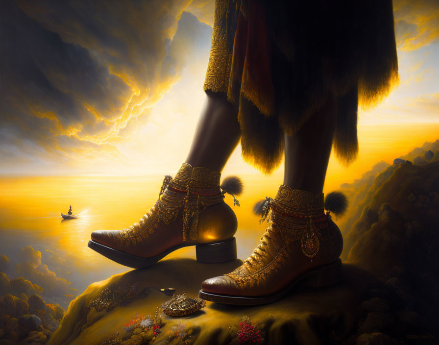 Golden ornate boots, crown, boat, and stormy sky in cliff sunset scene