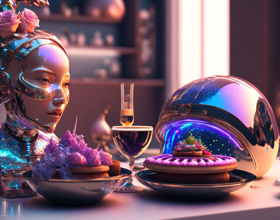 Android woman at futuristic table with cosmic helmet enjoying space-themed meal