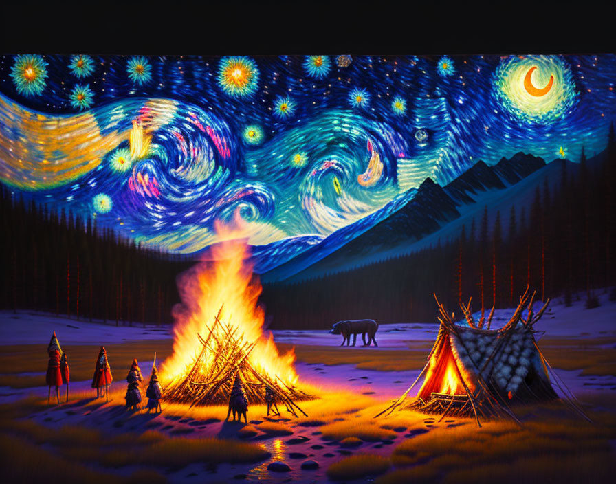 Night scene with campfire, teepees, bison, and starry sky art.