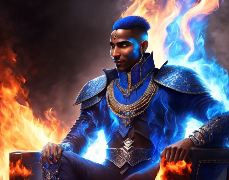 Character in blue armor with blue flames and gold jewelry.