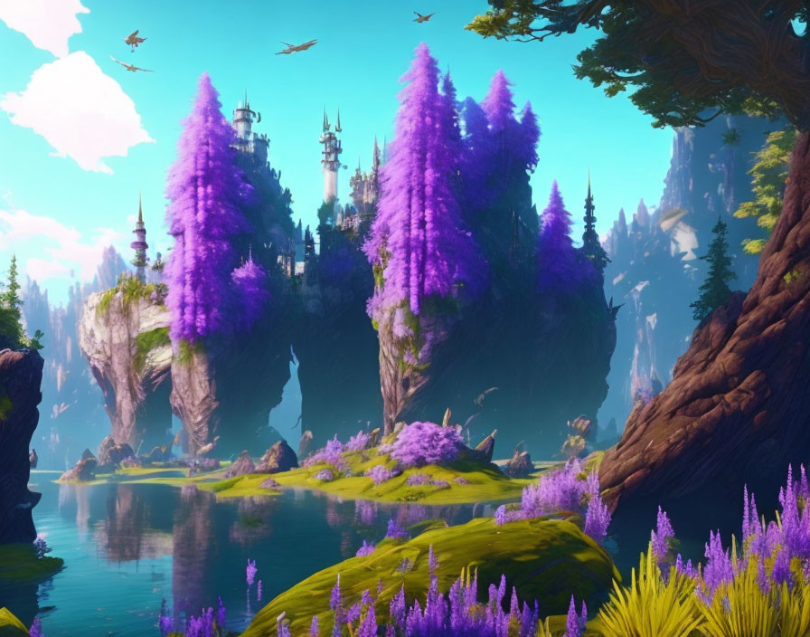 Fantasy landscape: floating islands, purple foliage, lake, castles, flying creatures