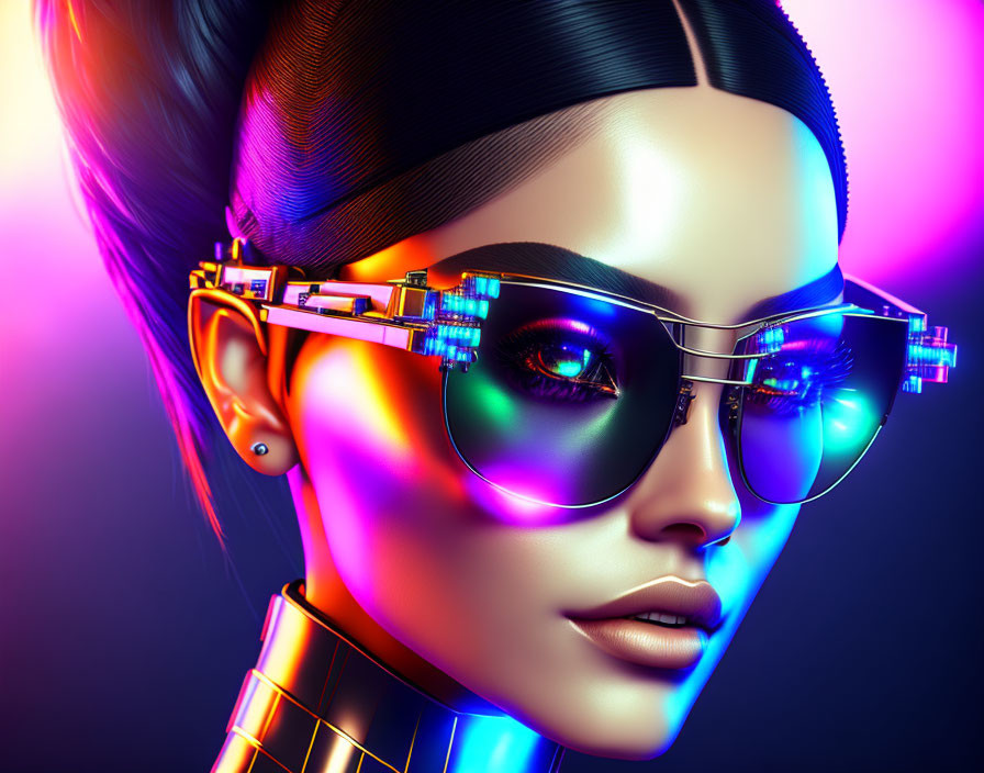 Futuristic digital artwork of woman with vibrant lights and sleek headband