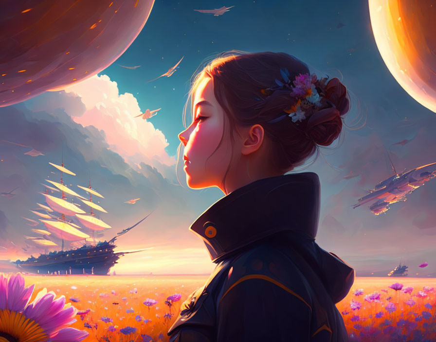 Girl with flowers in hair in daisy field under surreal sky