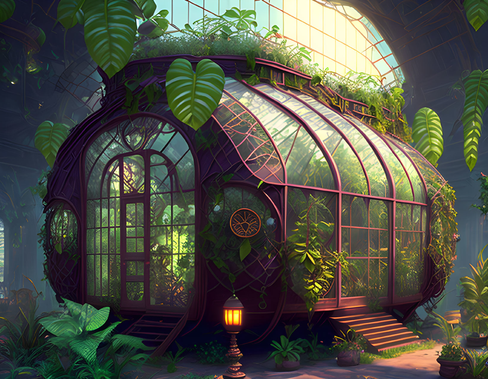 Verdant plants in a glass dome with lantern-lit entrance