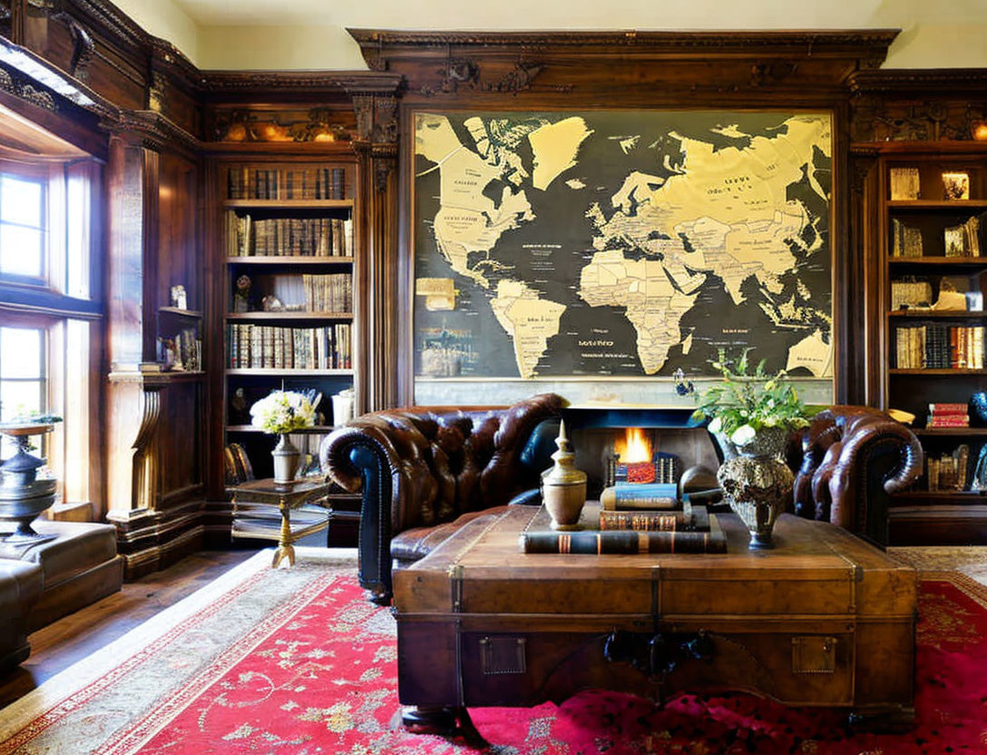 Vintage-style library with world map, leather sofa, wooden bookshelves, fireplace, and red rug