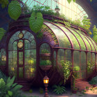 Verdant plants in a glass dome with lantern-lit entrance