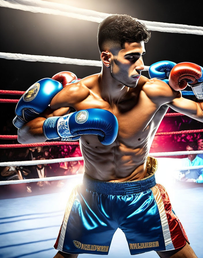 Muscular boxer in blue gloves ready for fight in ring with intense expression, spotlight on dark background