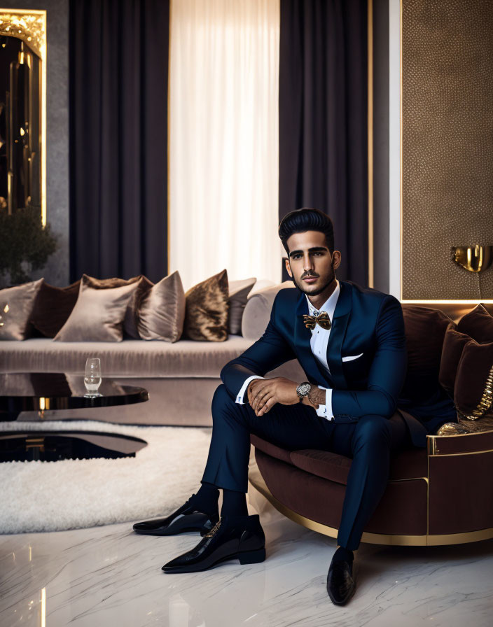 Confident Man on Luxurious Circular Sofa in Elegant Room