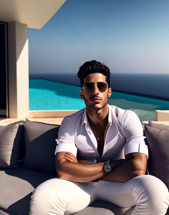 Confident man in white attire on outdoor sofa by ocean horizon