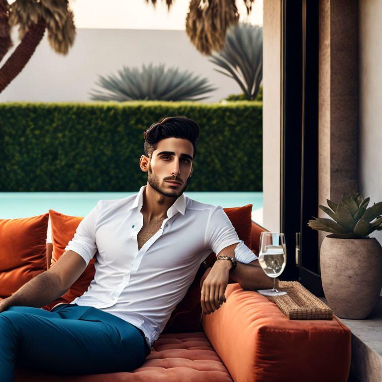 Fashionable man in white shirt and teal trousers on orange sofa by pool with tropical plants and building.