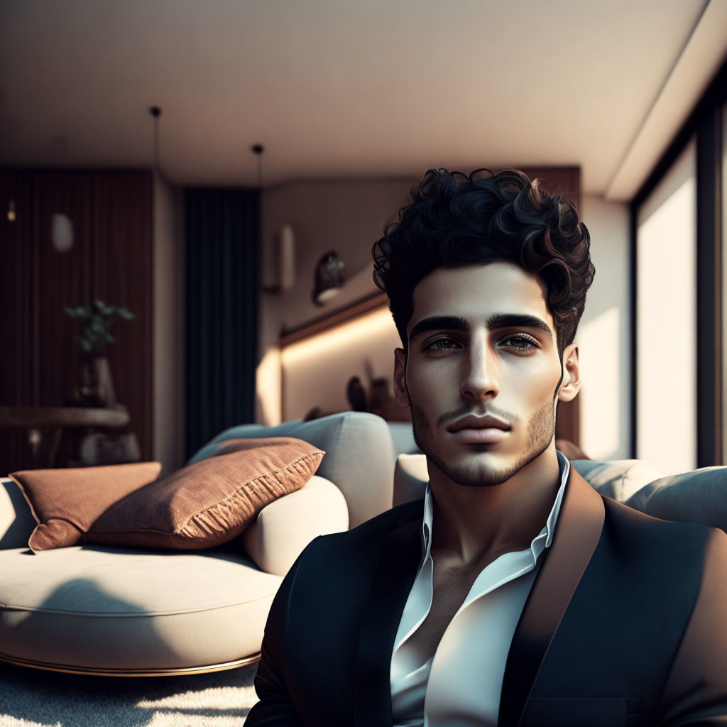 Stylish man with curly hair in sleek suit in modern living room