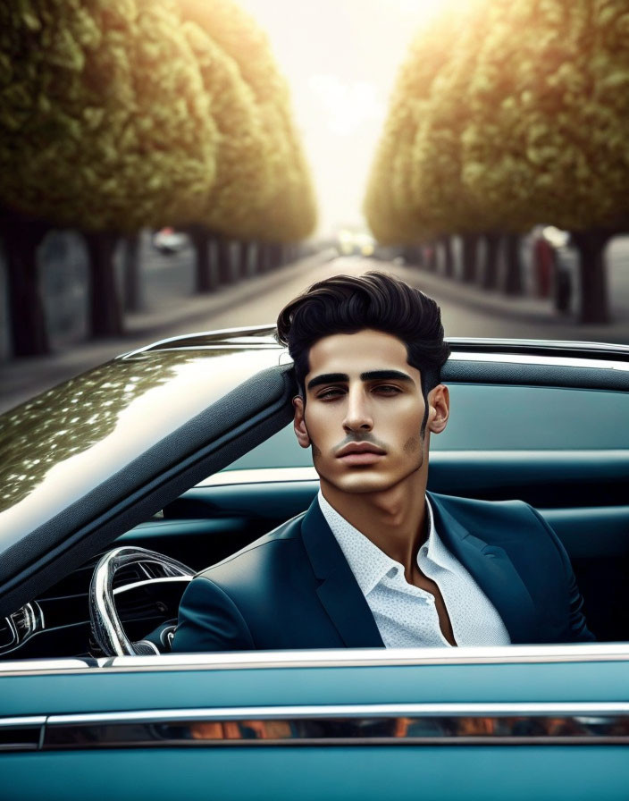 Fashionable man with slicked-back hair in suit sitting in classic convertible car on tree-lined avenue