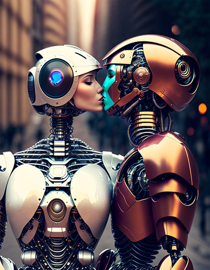 Bronze-plated humanoid robot kissing another with mechanical interior