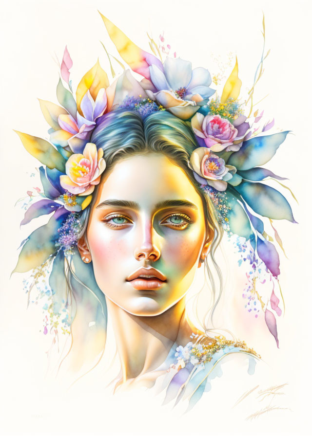 Colorful Floral Headpiece Woman Illustration in Soft Pastel Tones