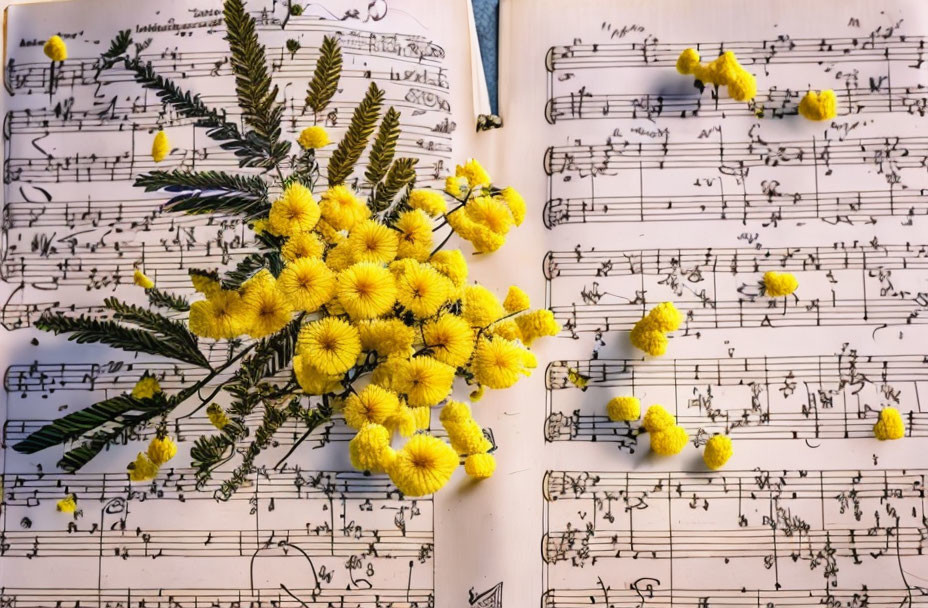 Vibrant yellow mimosa flowers on open musical score with scattered blooms