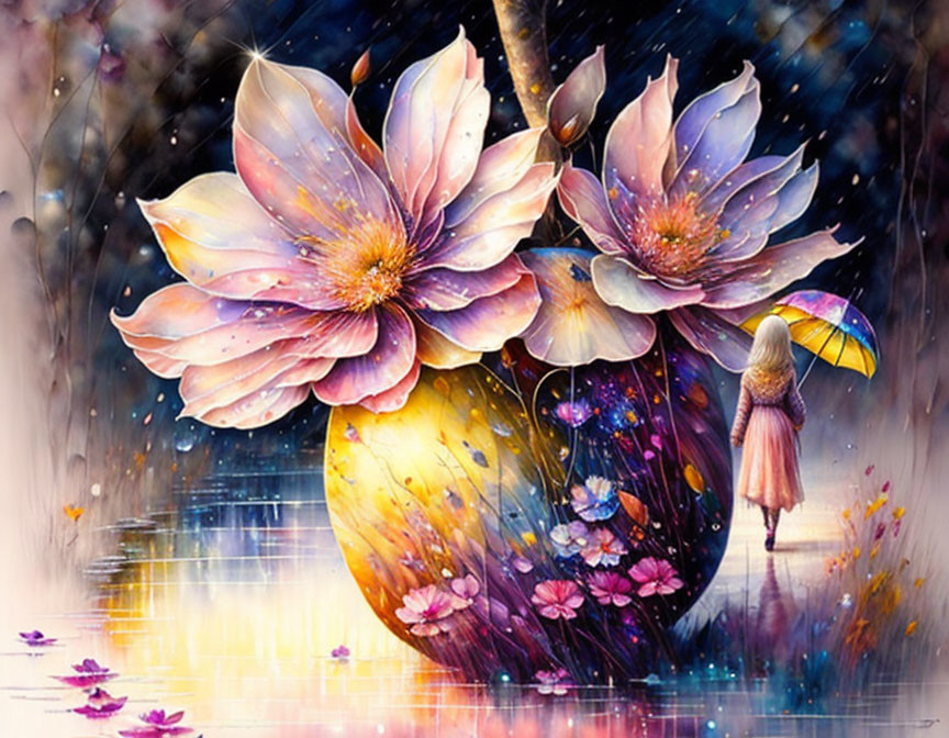 Colorful flowers in cracked vase with girl under starry sky