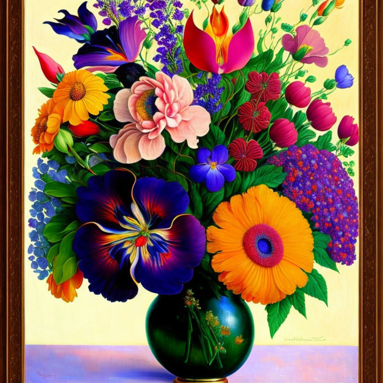 Vibrant bouquet of pansies, roses, and gerbera daisies in green vase