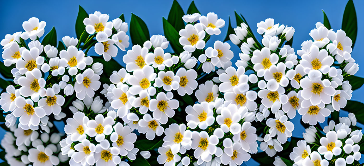 White Flowers with Yellow Centers and Green Leaves Against Clear Blue Sky