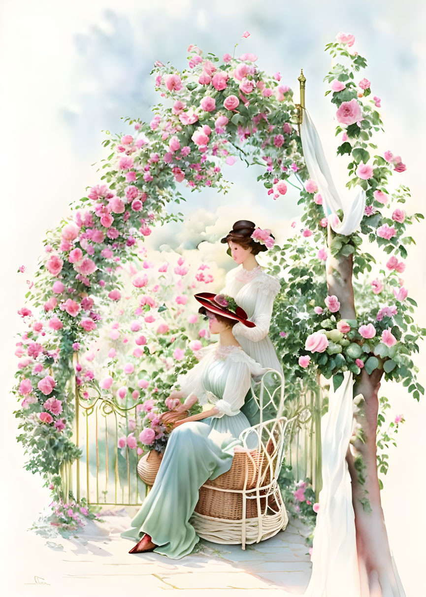 Illustration: Woman in vintage dress reading book under rose-covered archway